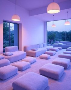 jjimjilbang interior with pastel lighting and modern decor