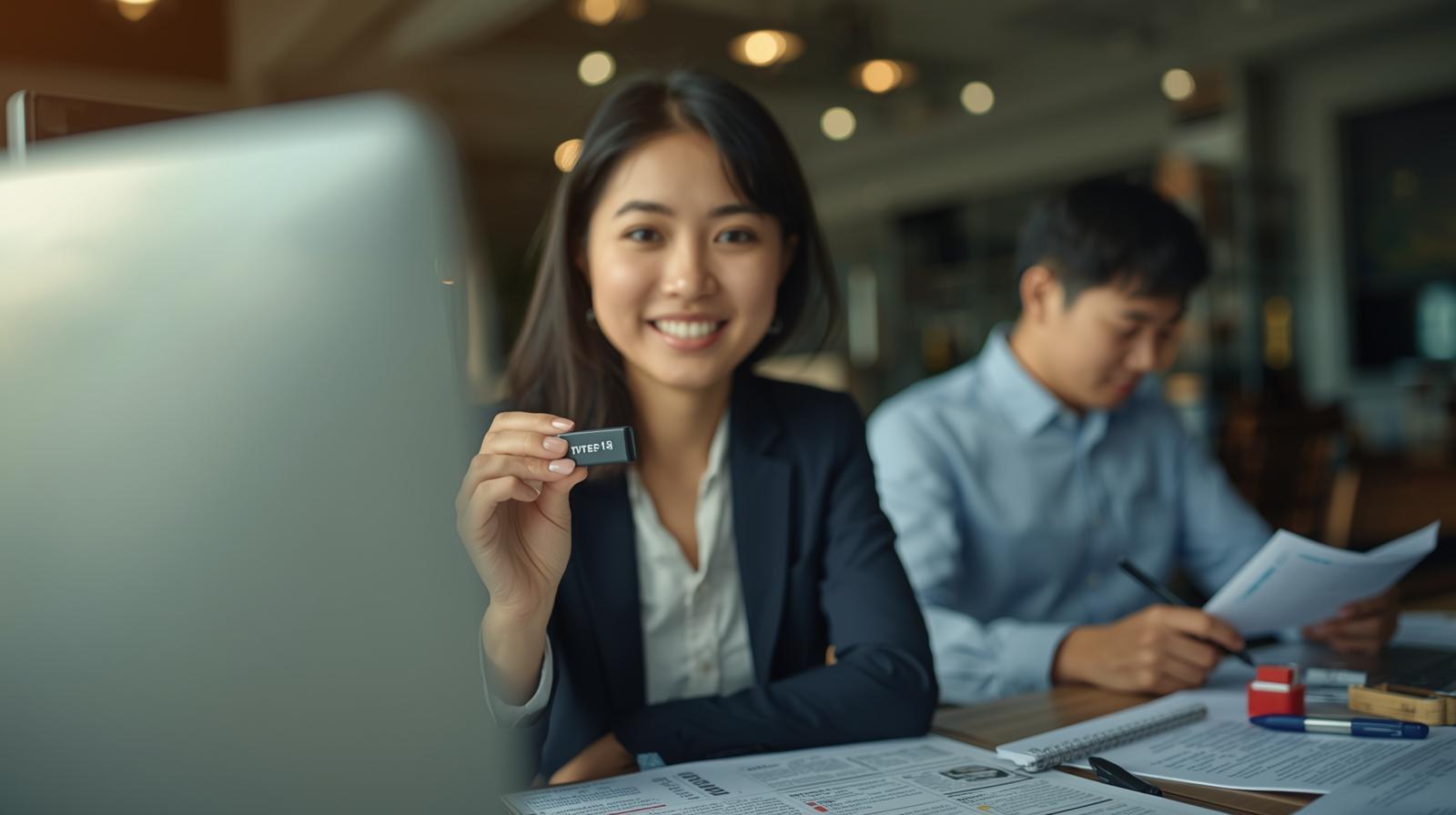 Two journalists smiling in bright newsroom holding branded USB stick for storage.